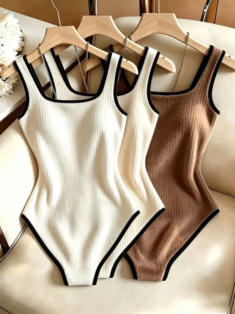 3pcs Women's Ribbed Bodysuit Set Fashionable Black Piped Square Neck Waist-Cinching Style Summer Nightlife Wear Elegant Beach Ou — image 3