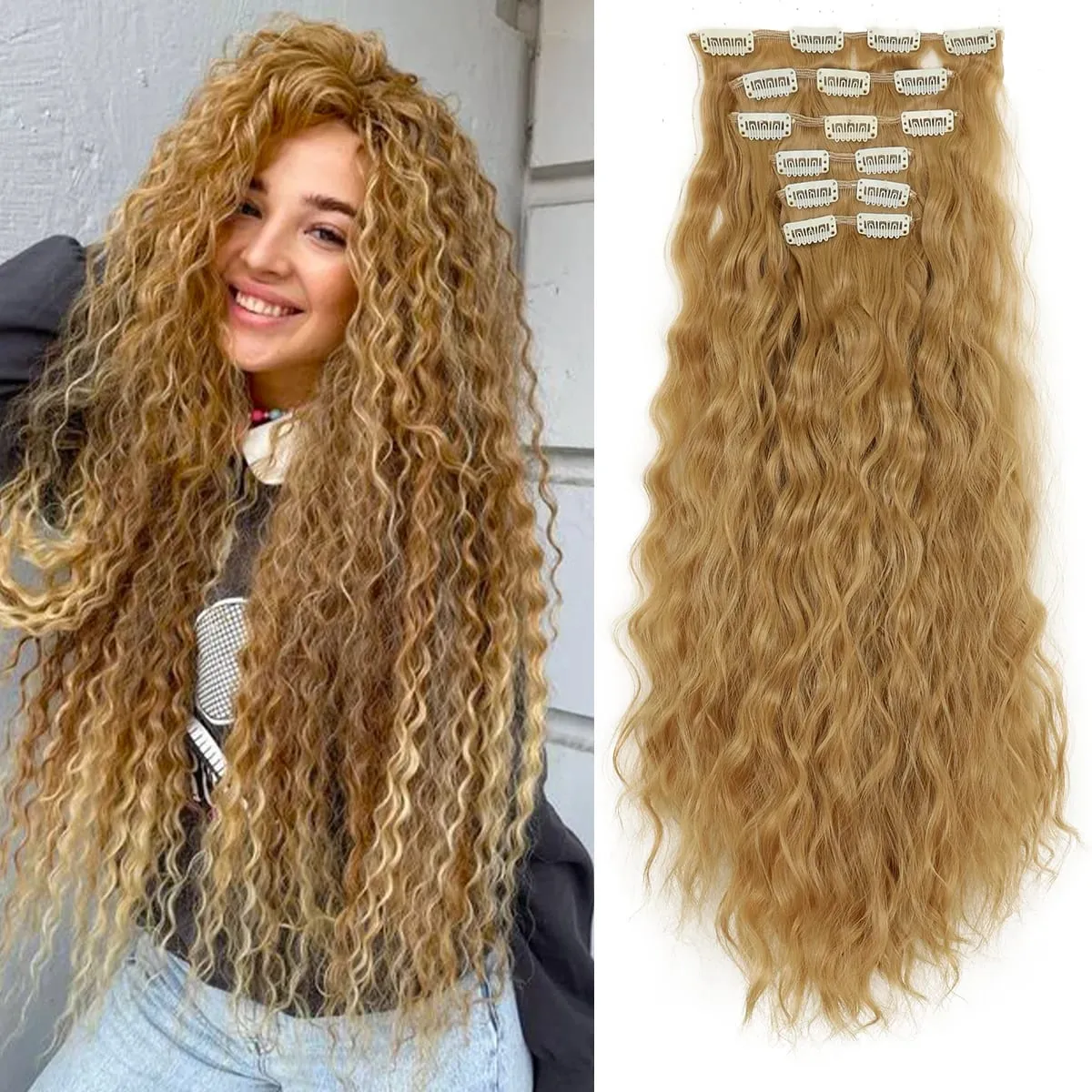 Synthetic Hair Extensions 16Clips In 6PCS Set Curly 22inch Long Clip On Hairpiece Corn Wavy Style For Women Girls Daily Party