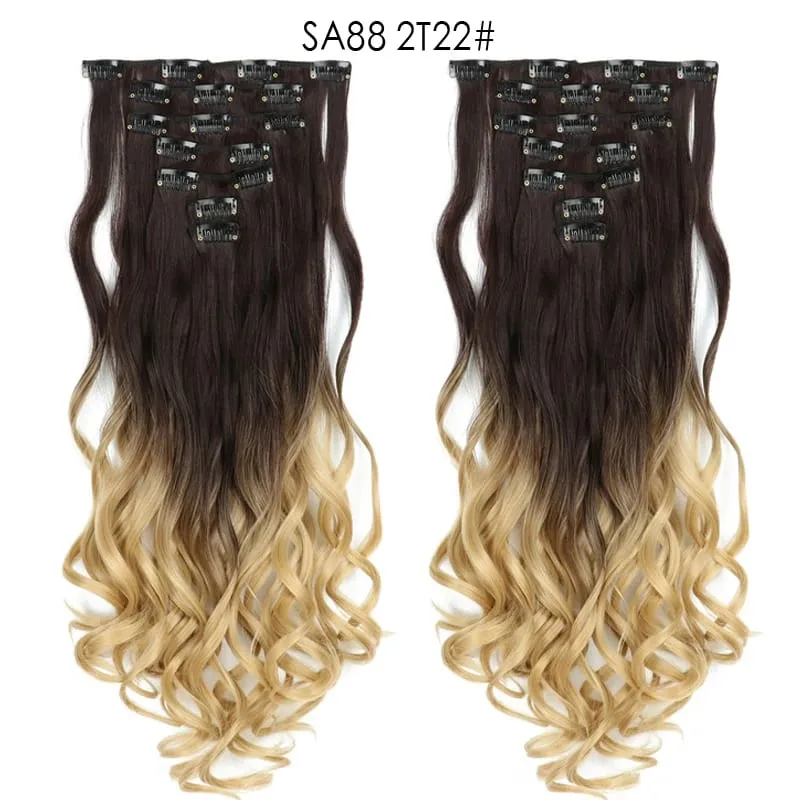 Clip in Long Wavy Synthetic Hair Extension 22 Inch Black 7PCS Thick Hairpieces Fiber Double Weft Hair for Women