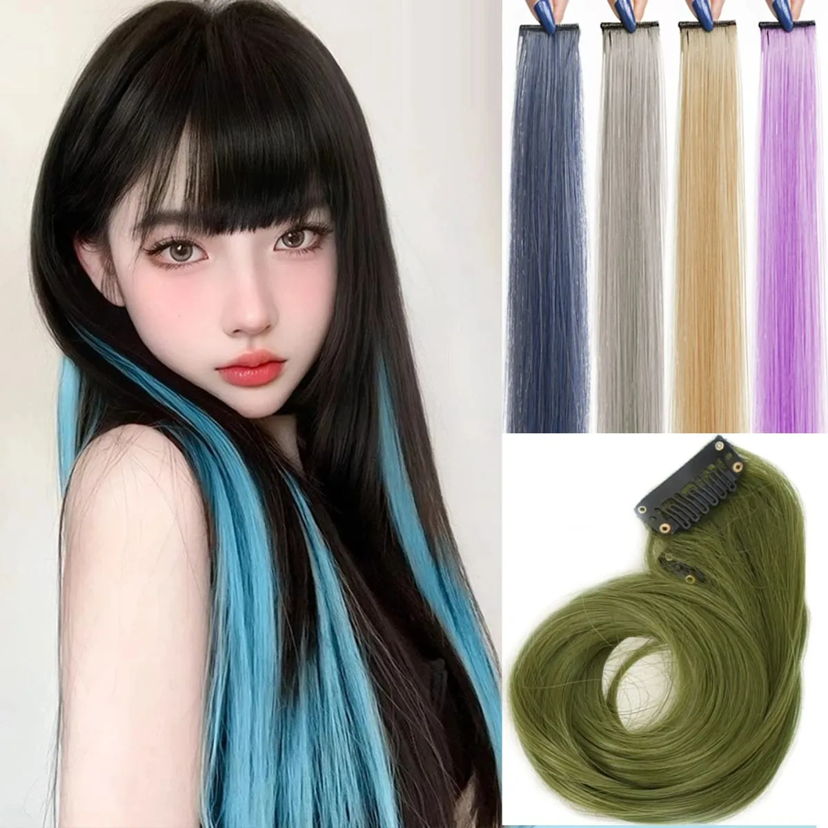 2pcs/pack Synthetic Colored Party Highlights Clip in Hair Extensions for Girls 24 inches Multi-colors Straight Hair Synthetic Ha — image 2