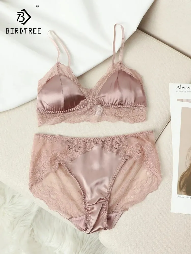 Birdtree Silk Lining French Solid Underwear 2026 New Elegant Basic Bra Set Thin Lace Spliced Bras For Women S30360QC — image 1