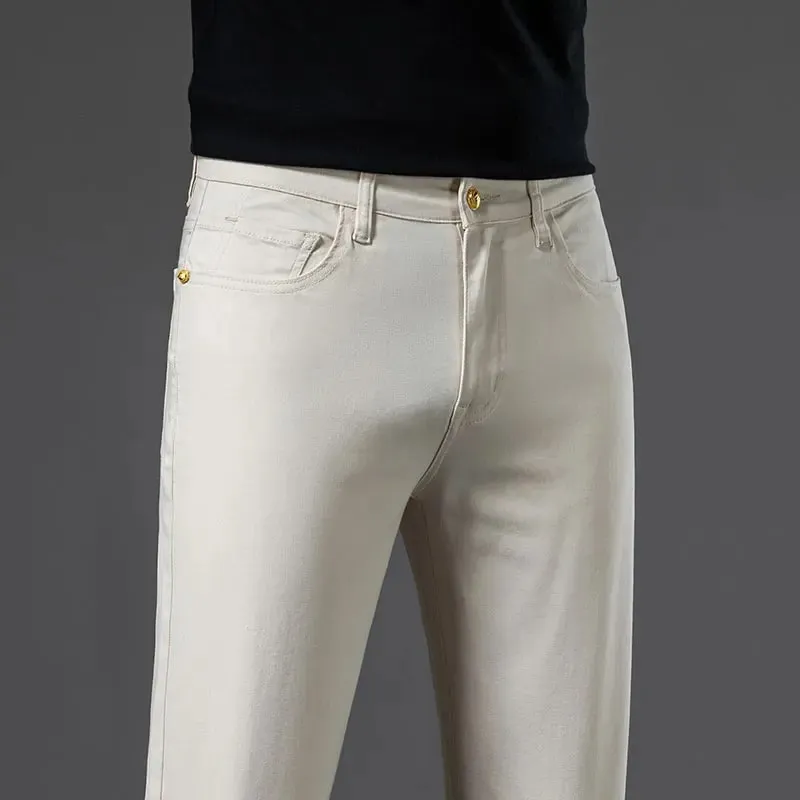 2024 New Men's Khaki White Cotton Stretch Slim Smart Jeans Casual Straight Business Fashion Beige Brand Denim Trousers — image 2