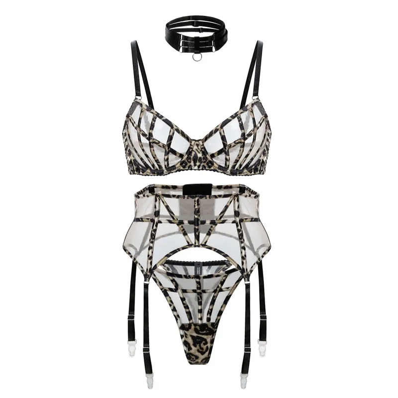 Wild leopard print lingerie with breifs suit women large size push up underwear female thin lace with steel ring bra set