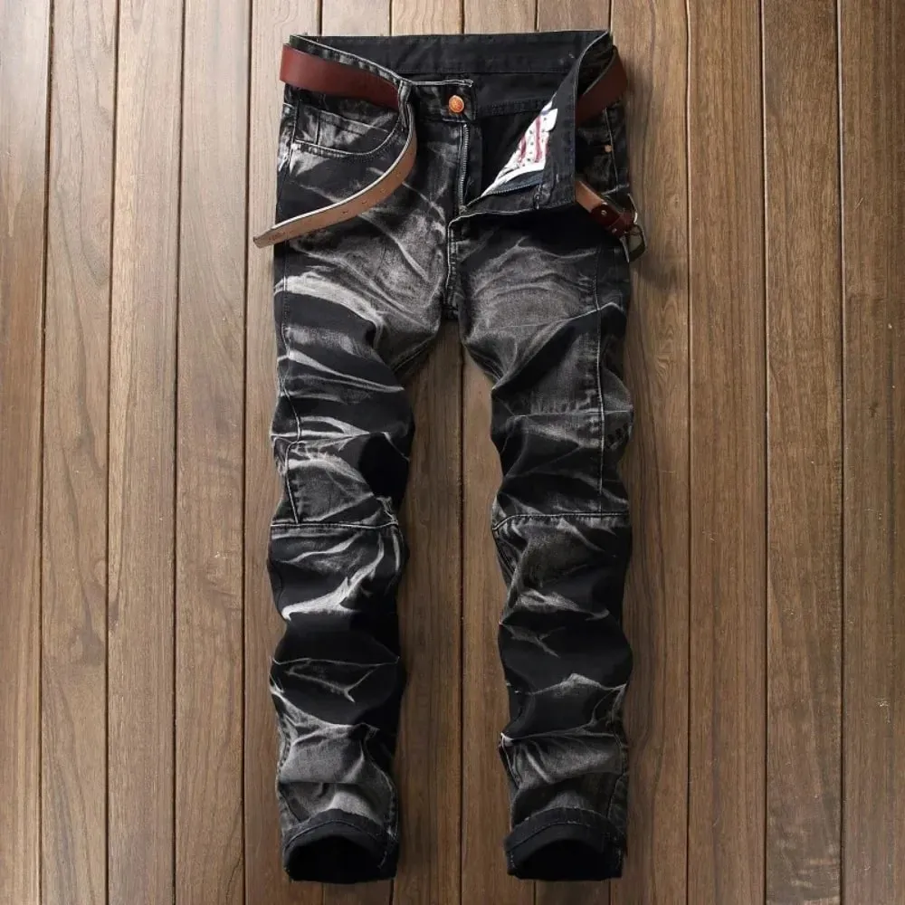 Jeans Men Vintage Distressed Pencil Pants Mid Waist Zipper Pockets Slim Ankle Length Trousers Straight Denims 2024 Streetwear
