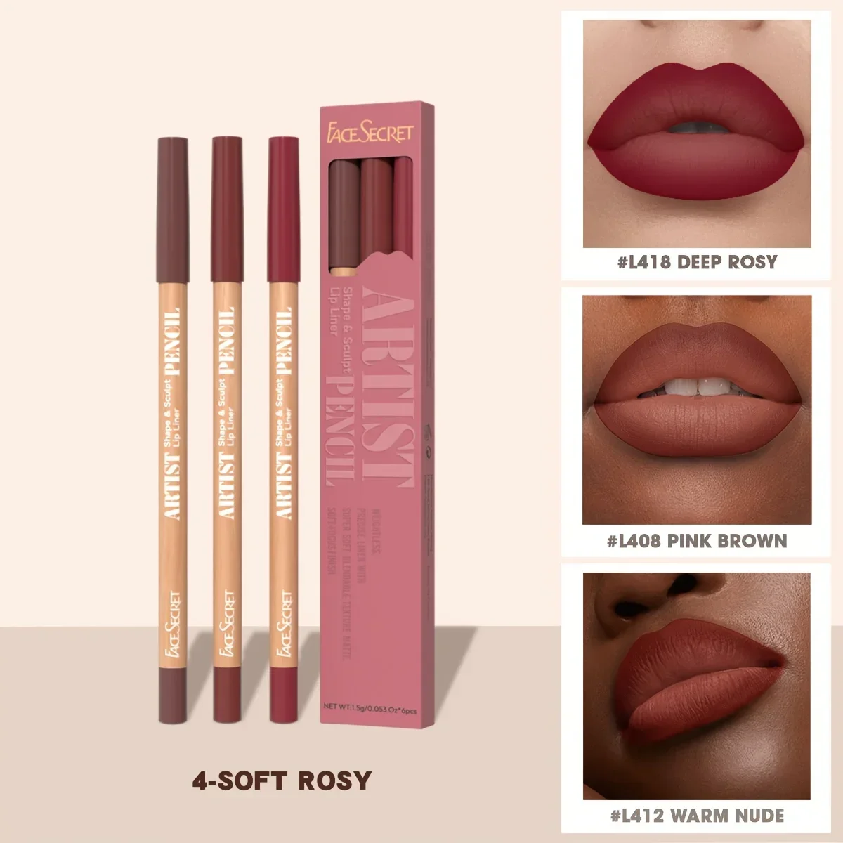 Face Secret 3pcs Set Nude Lip Liner Natural Matte Long-Lasting Waterproof High Pigmented Hook Line Lip Pencil Makeup — image 7