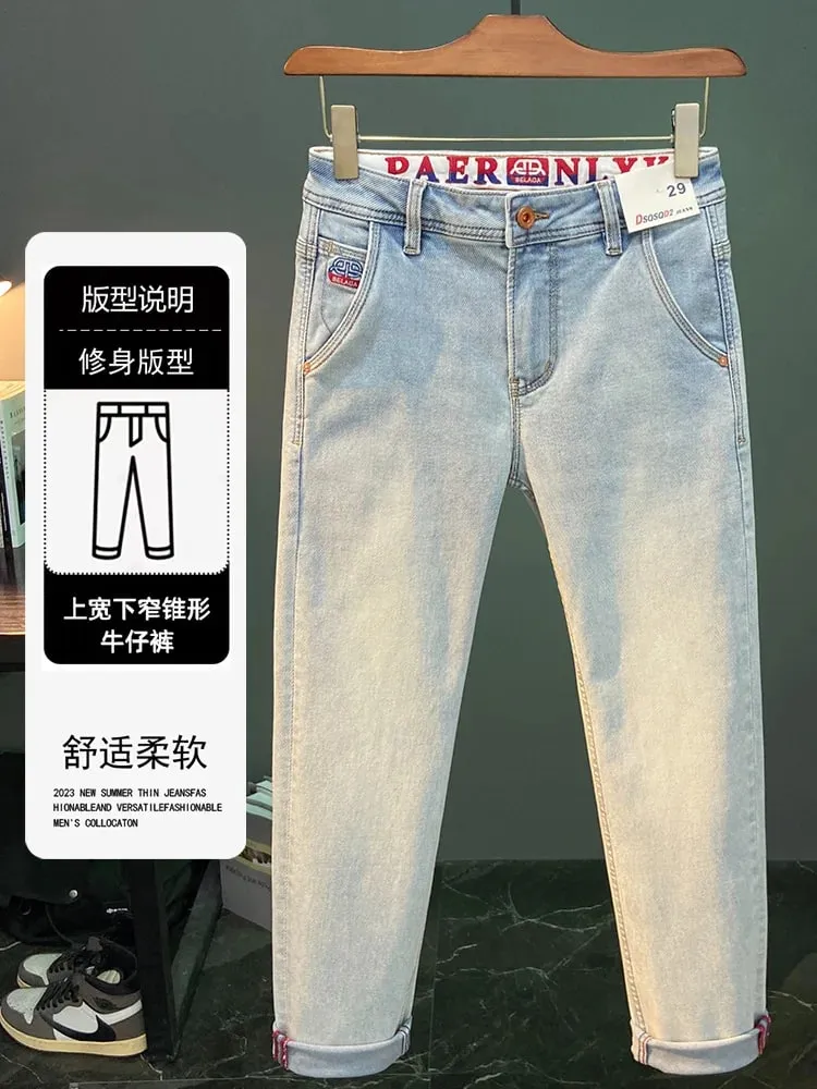 Printed Embroidered Summer Trendy Brand Jeans for Men Light Blue Elastic Slim Fit Small Feet Thin Pants — image 4
