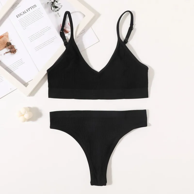Women Seamless Bra Set Push Up Bras V-neck Tops High Rise Briefs Seamless Underwear Wire Free Brassiere Sexy Lingerie Set