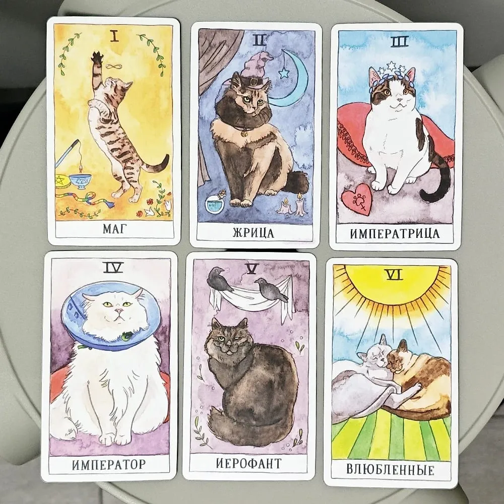 Kot Tarot Język rosyjski 10,3 * 6 cm Połącz autentyczność z kocim poczuciem humoru 78 szt. Kart Tarota z motywem kota
