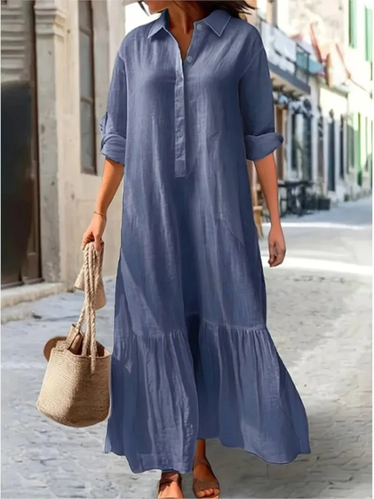 Cotton Linen Long Dress Women Long Sleeve Button Solid Color Casual Ruffles Loose Dresses Spring Autumn Comfortable Shirt Dress — image 2