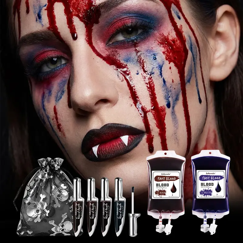 Halloween Horror Makeup Set High Saturated Color Long-Lasting Easy Off Safe Formula Fake Blood Lip Stain for Halloween Cosplay — image 1