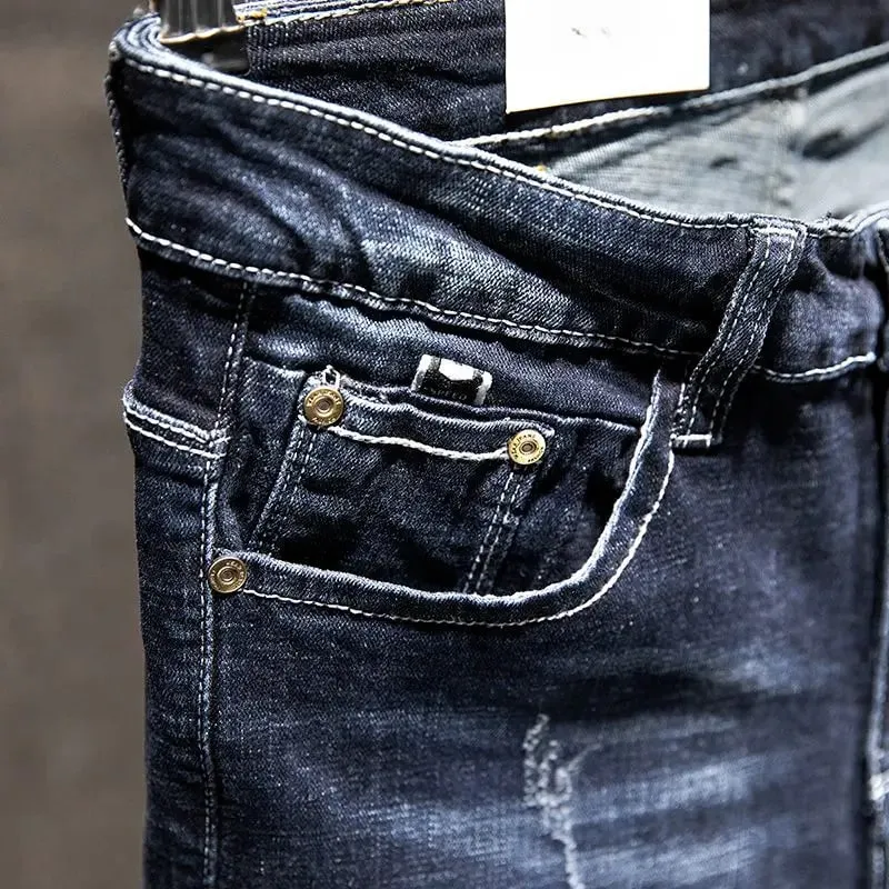American Elastic Straight Jeans Men Ripped Worn-out Slim-fit Cotton Denim Pants Korean Style Fashion Blue Black Men's Clothing — image 2