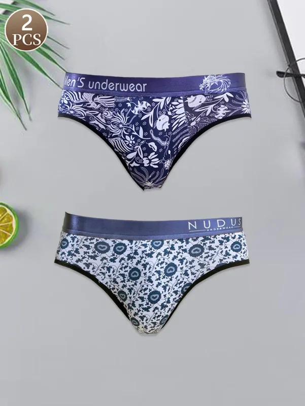 2PCS Printed cotton mid waist men's brief Breathable men's new loose and comfortable underwear Fashionable panies for men