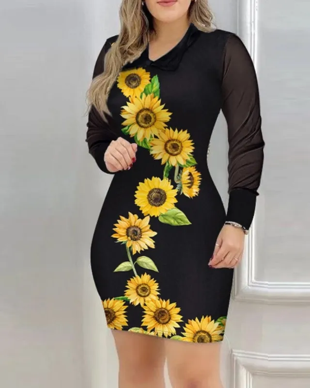 Elegant Dress For Women Fall Mesh Long Sleeve Turn-down Collar Printed Dress — image 4