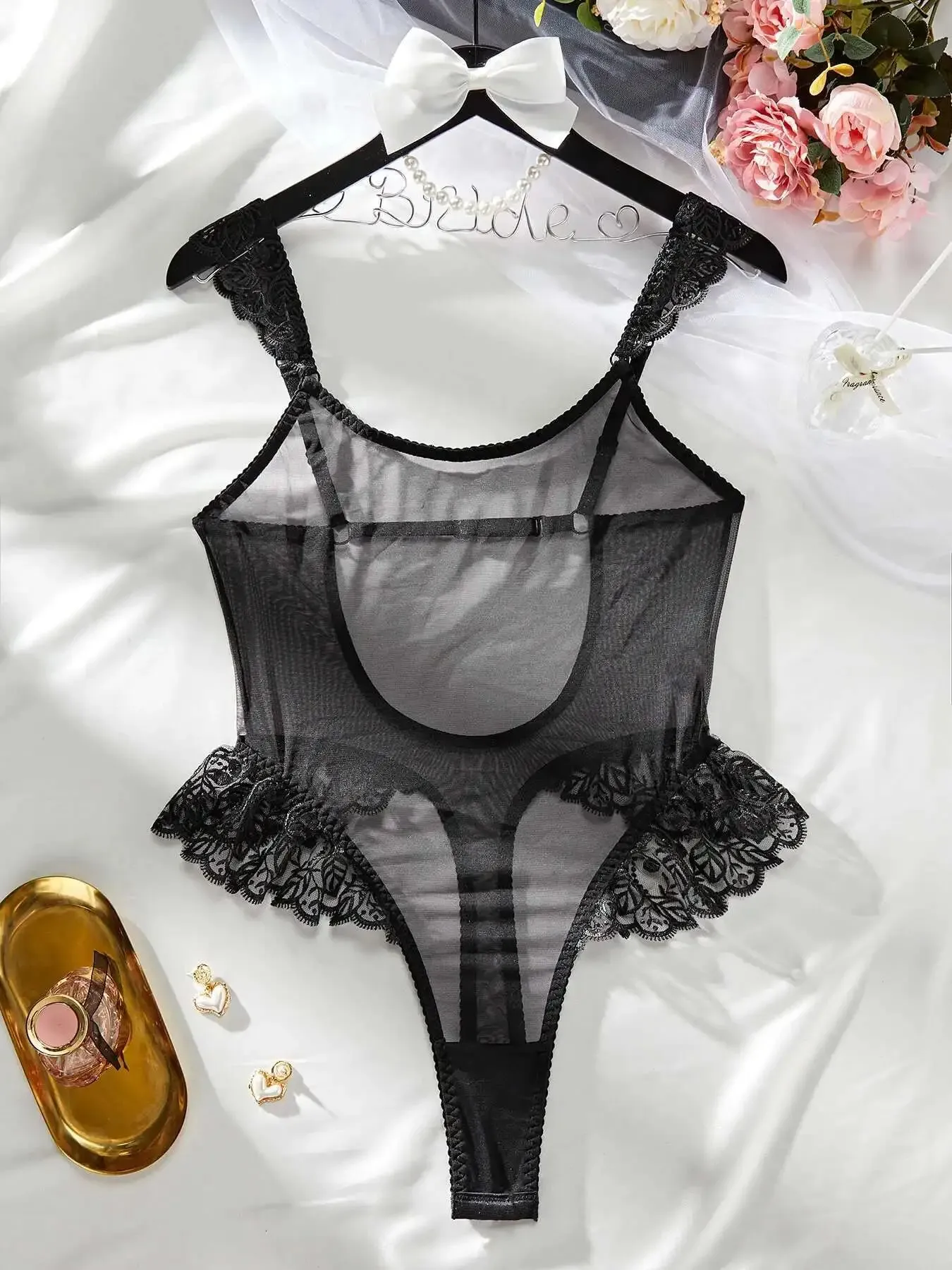 New Sexy Bodysuits Ruffled Edges Patchwork Mesh Sexy Perspective Backless Deep V Suspenders Sleeveless Bodysuits Charming 5ZAL — image 7