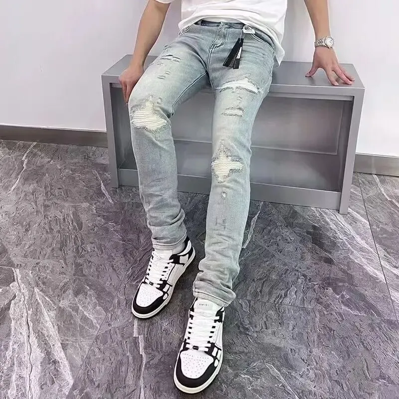 Fashionable Luxury Clothing Ripped Distressed Retro Spring and Autumn Denim Jeans for Men Slim Fit Casual Pants Cotton Trousers — image 4