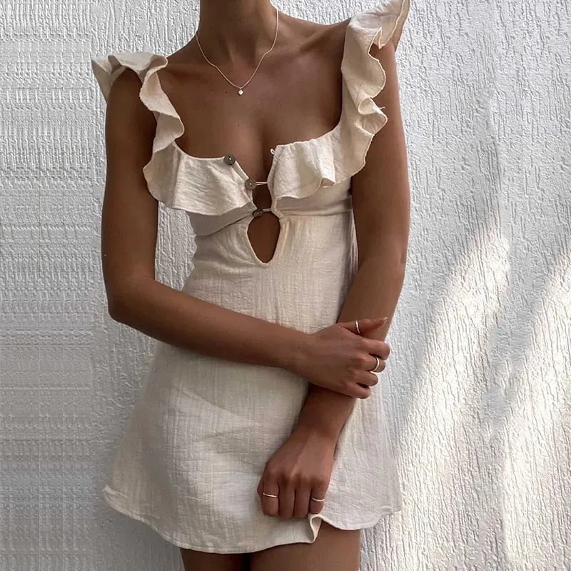 Summer Hollow Out Button Ruffles Short Dress Sexy V Neck Sleeveless Solid Color Dress New Holiday Beach Cotton Linen Mini Dress — image 5