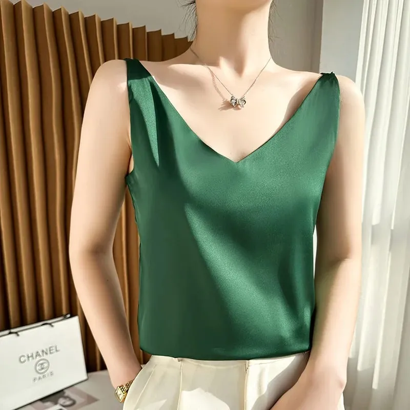 Silk Satin Women Double Shoulder Camisole Tank Top V-neck Sleeveless Top T-shirt Elegant Crop Top Solid Casual Basic 2025 Summer — image 4