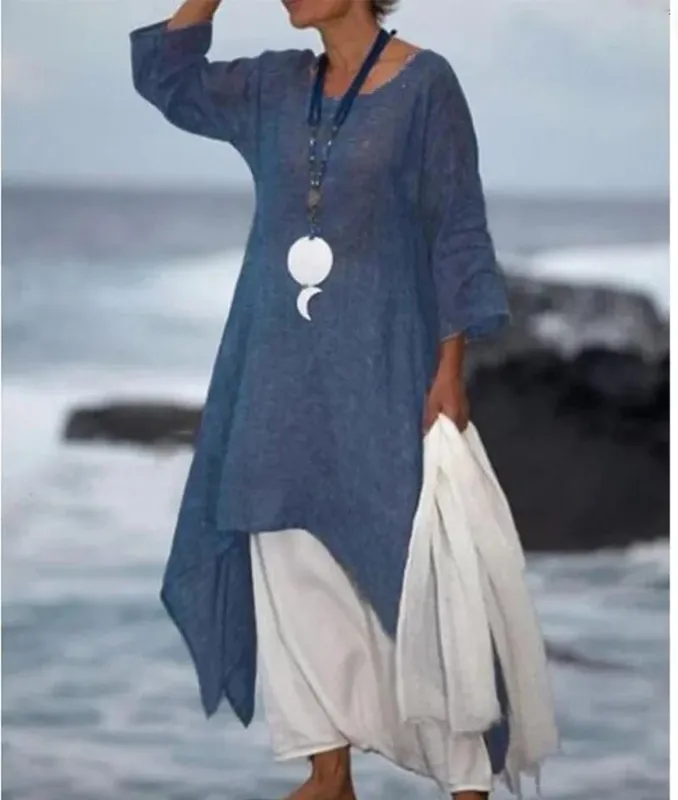Women Irregular Leisure Loose Fitting Shirt Tunic Pullover Blouse Baggy Tops Round Neck Comfy Dress