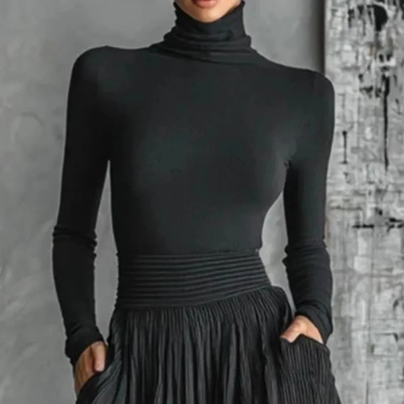 ฝรั่งเศส Elegant 2 ชิ้นชุดกระโปรงสำหรับสตรีกระเป๋า Solid Minimalist แยก Hem จีบสายคอเต่าวินเทจ Slim ชุด — image 5