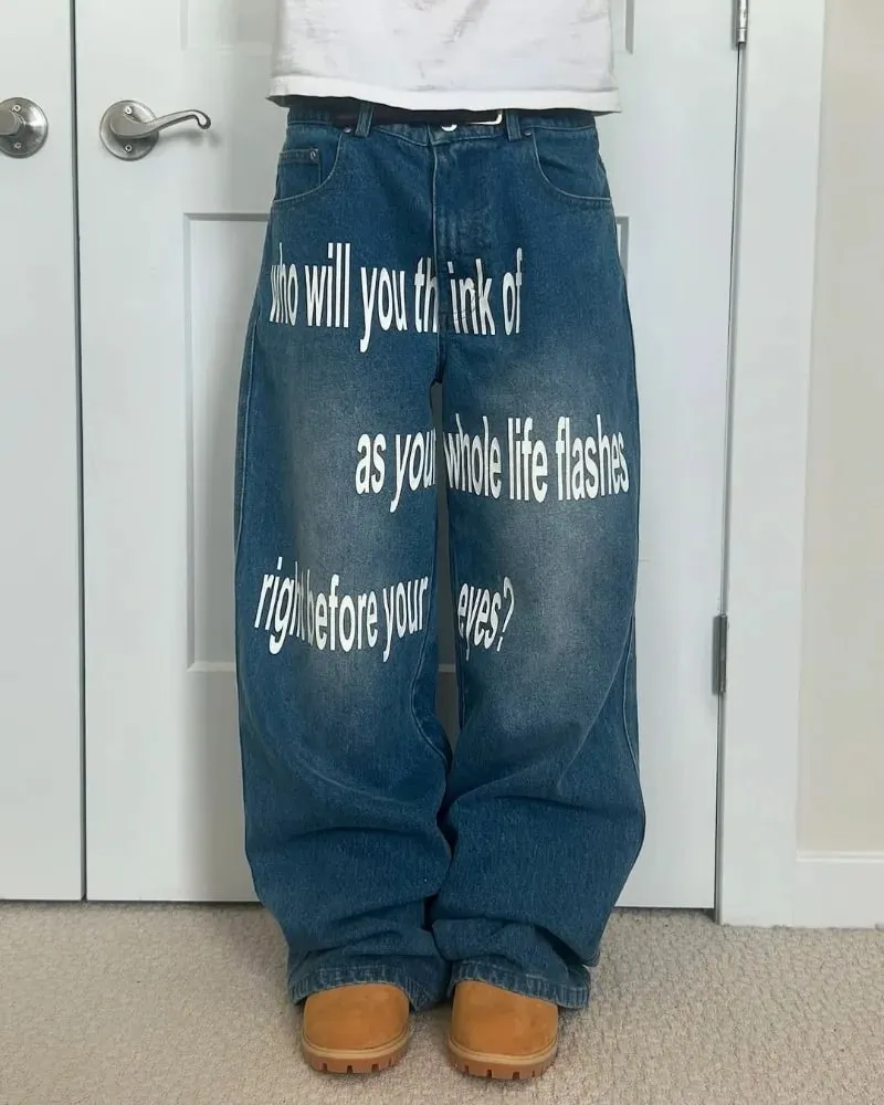 Y2K men Jeans Harajuku Pattern letter jeans Hip Hop streetwear men women 2000s gothic fashion Casual aesthetic wide leg jeans