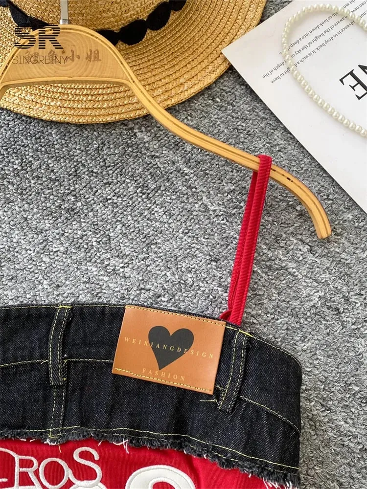 American Retro Y2k Strap Tops Letter Embroidery Denim Patchwork Fashion Design Women Hotsweet Streetwear Slim Crop Top