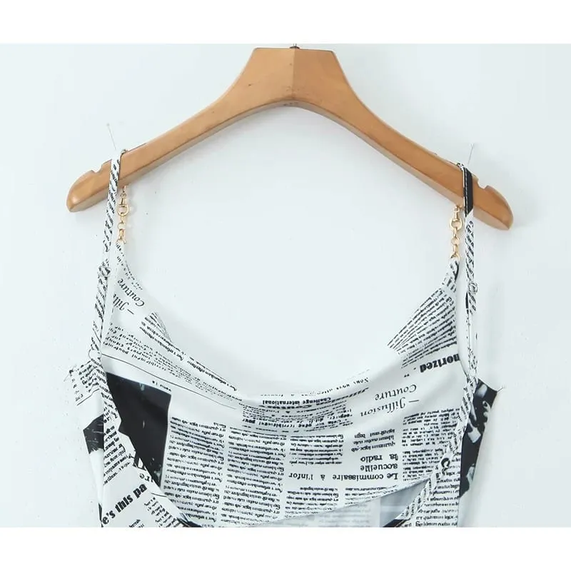 New Women Newspaper Letter Print Irregular Hem Sling Dresses Fashion Backless Thin Straps With Chain Summer Sexy Dress — image 6