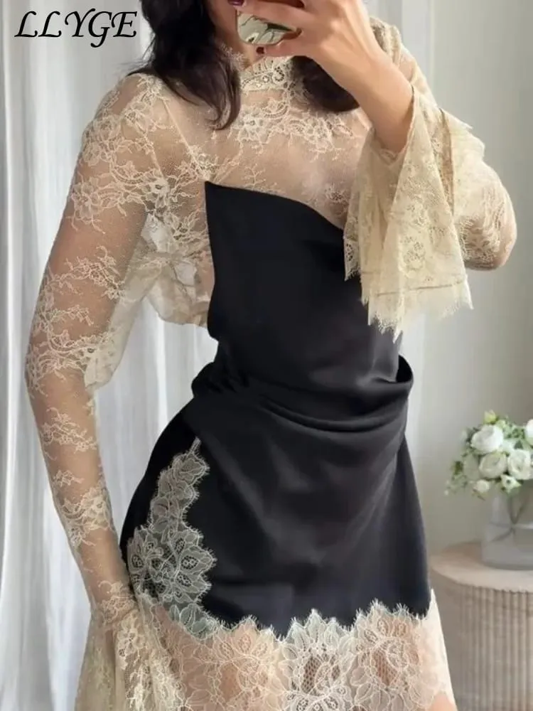 Elegant blonde patchwork kort kjole kvinder se gennem høj krave flare ærmer festkjoler 2025 efterår dame aftenkåber — image 7