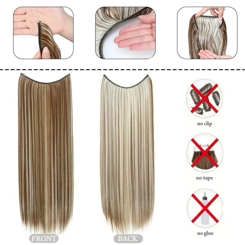 24Inch Synthetic No Clips In Hair Extension Fish Line Invisible Black Blonde One Piece Long Straight Fake Hair Piece for Women