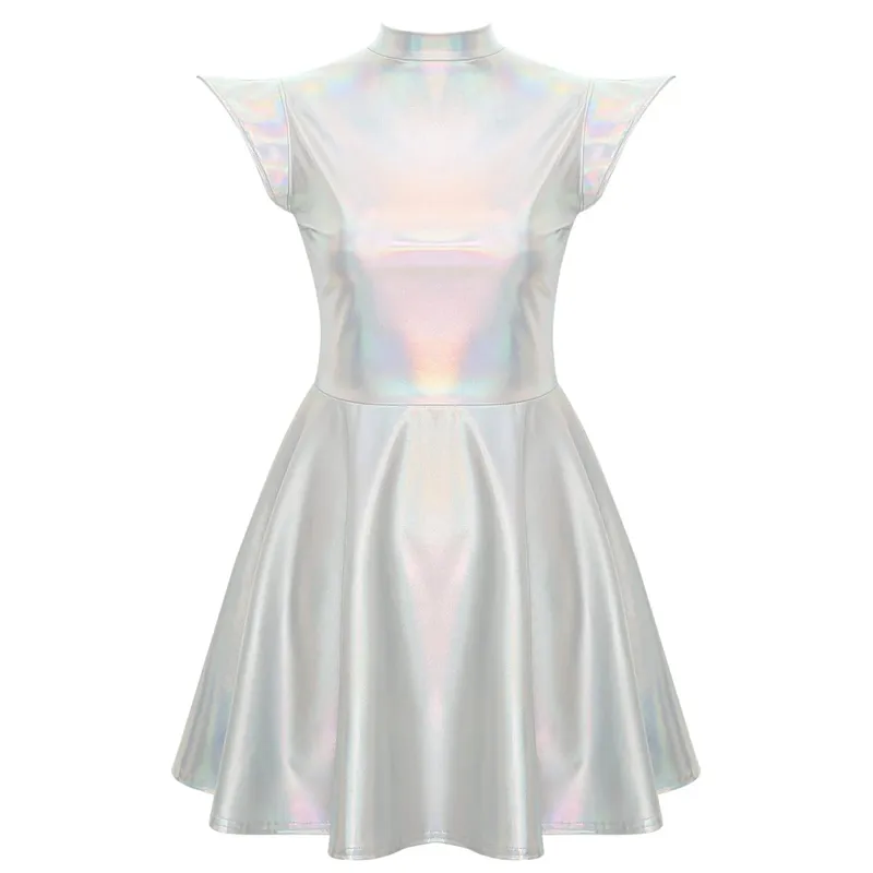 Womens Cocktail Dress Shiny Metallic Dress Alien Space Cap Sleeve High Waist A-line Dress for Halloween Party High Street Dress