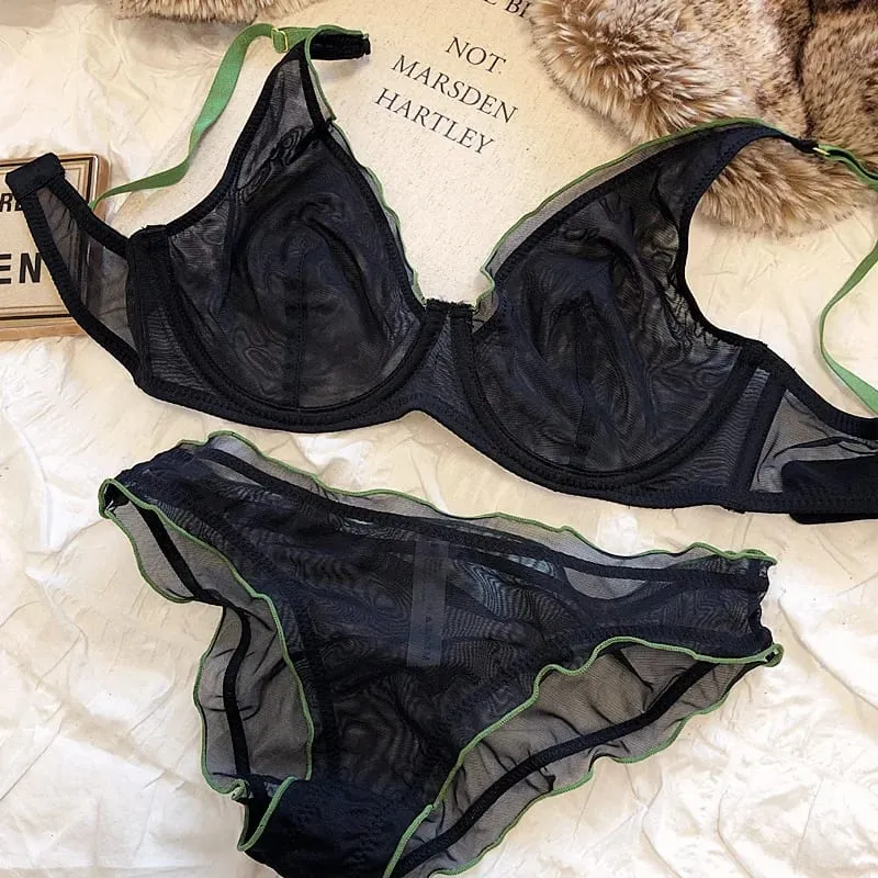 Sexy French Mesh Bra Panty Set Ultra Thin Underwire Push Up Minimizer Lingerie Support Triangle Cup for Large Chest Small Look — image 12
