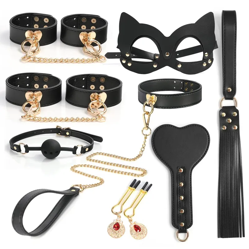 Slave Rollespilssæt Læderhåndjern Ankelmanchetter Ball Gag Mask Piskekrave Snor Sexlegetøj til kvinder Par BDSM Bondage Kit — image 1