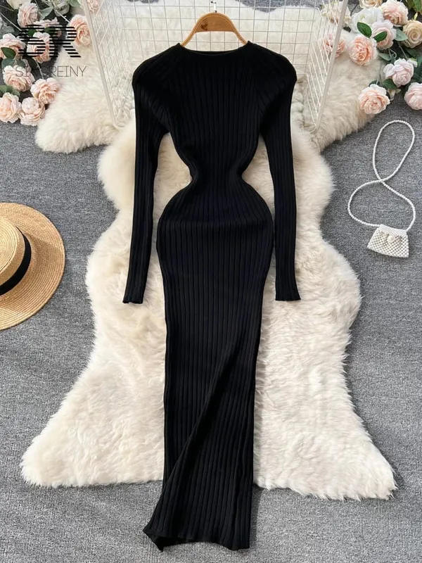 Winter Women Knit Maxi Dress O Neck Autumn Long Sleeve Slim Solid Harajuku Ladies Fashion Pencil Sweater Long Dresses