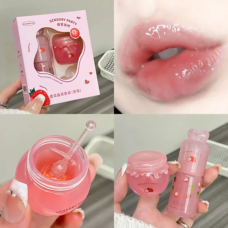 Strawberry Hydrating Lip Balm and Lip Oil Set Light Moisturizing Soothing Tender Lips for Relieve Dryness Lip Care Set Makeup