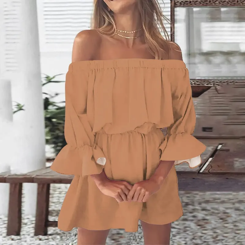 Sexy Off Shoulder Tunic Dress Women Solid Color Flare Sleeve Elastic Waisted Short Dresses Streetwear Midi Dress Ropa De Mujer