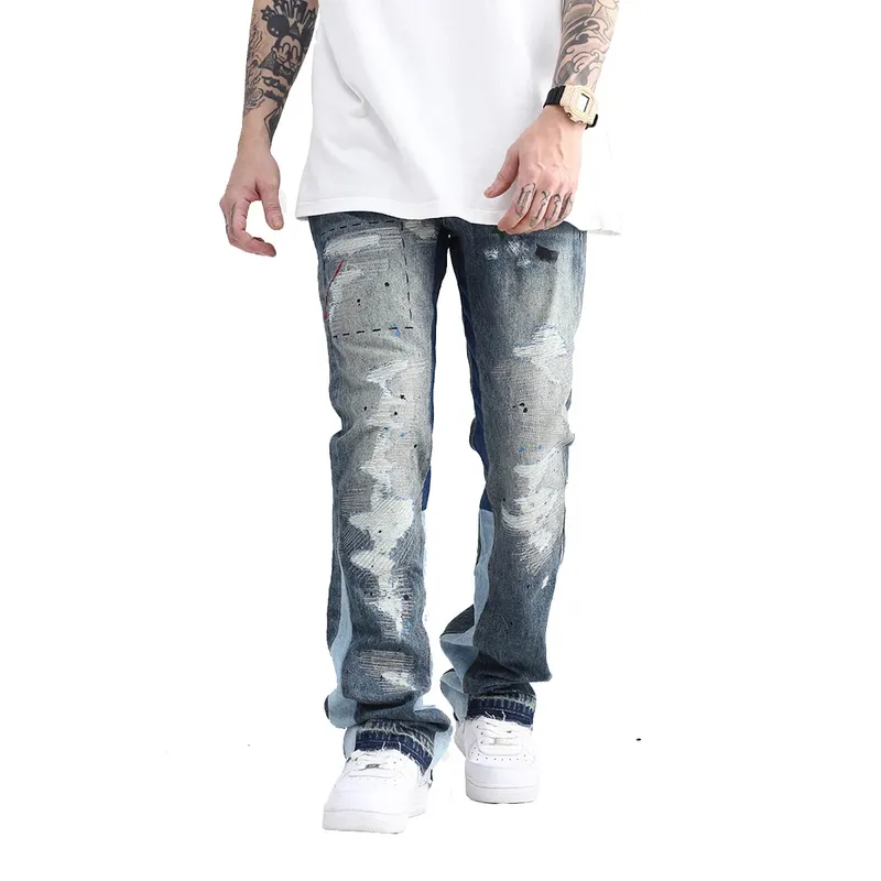 Blue Speckle Ink Washed Flared Jeans Slim Fit Hip Hop Graffiti Ripped Denim Pant Men Streetwear Vintage Wide Leg Jean Pants Y2k — image 3