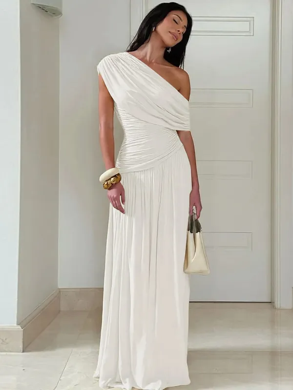 Hugcitar One Shoulder Ruched Sleeveless Solid Pleated Sexy Irregular Y2K Maxi Dress Summer Elegant Party Women Clothes Vacation — image 8