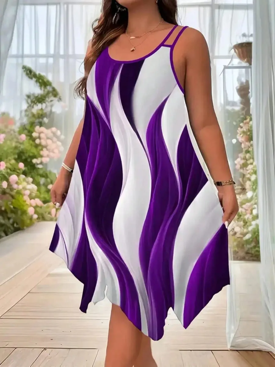 Plus-size women's fashion asymmetrical geometric stripes printed double strap dress — image 2