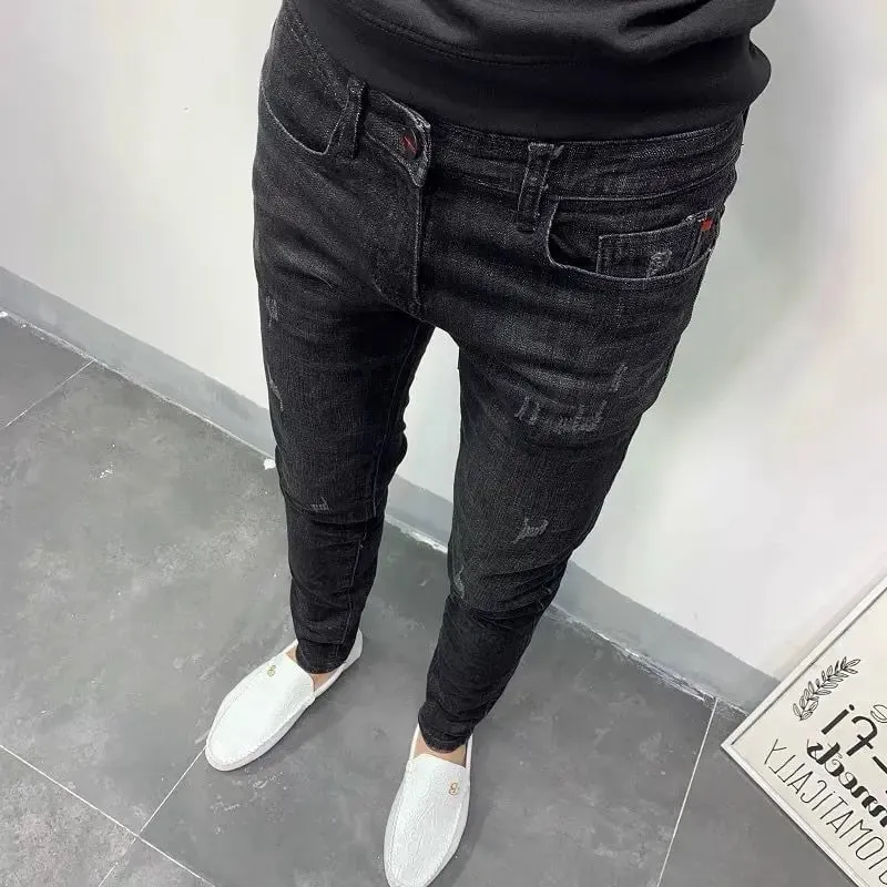 Spring Autumn 2024 Kpop Fashion Men's Denim Jeans Casual Slim Long Pants Korean Solid Black Boyfriend Designer Luxury Jeans — image 9