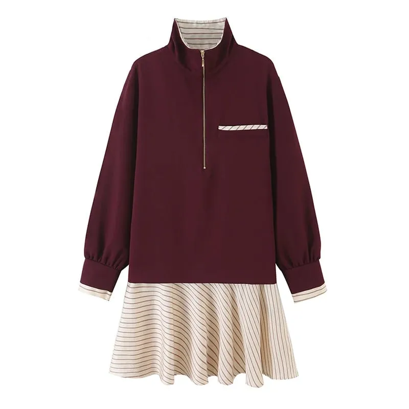 Ladies Lapel Collar Half Zipper Autumn Dress Color Block Striped Patchwork Long Sleeve Pocket Casual A‑Line Short Dresses — image 1
