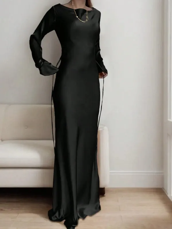 Abito lungo da donna in raso su misura con corsetto in vita, scollo rotondo classico e abito da sera di lusso con maniche svasate drammatiche