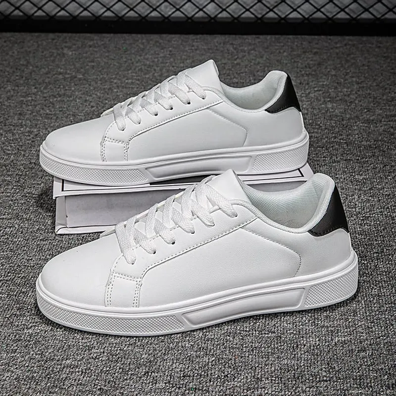 Men's Shoes White Sneakers PU Leather Solid Men Casual Shoes Lightweight Soft Women Vulcanized Shoes Couple Lace-up Running Shoe