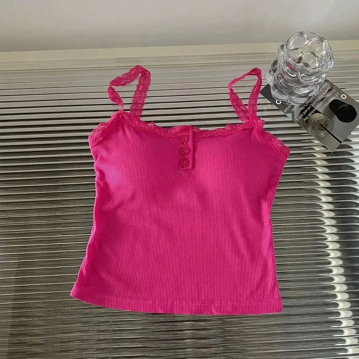 2024 Solid Color Knit Tank Top Vest Women Female Slim Undershirt Sexy Lace Camisole With Chest Pad Crop Tops Sleeveless T Shirt — image 13