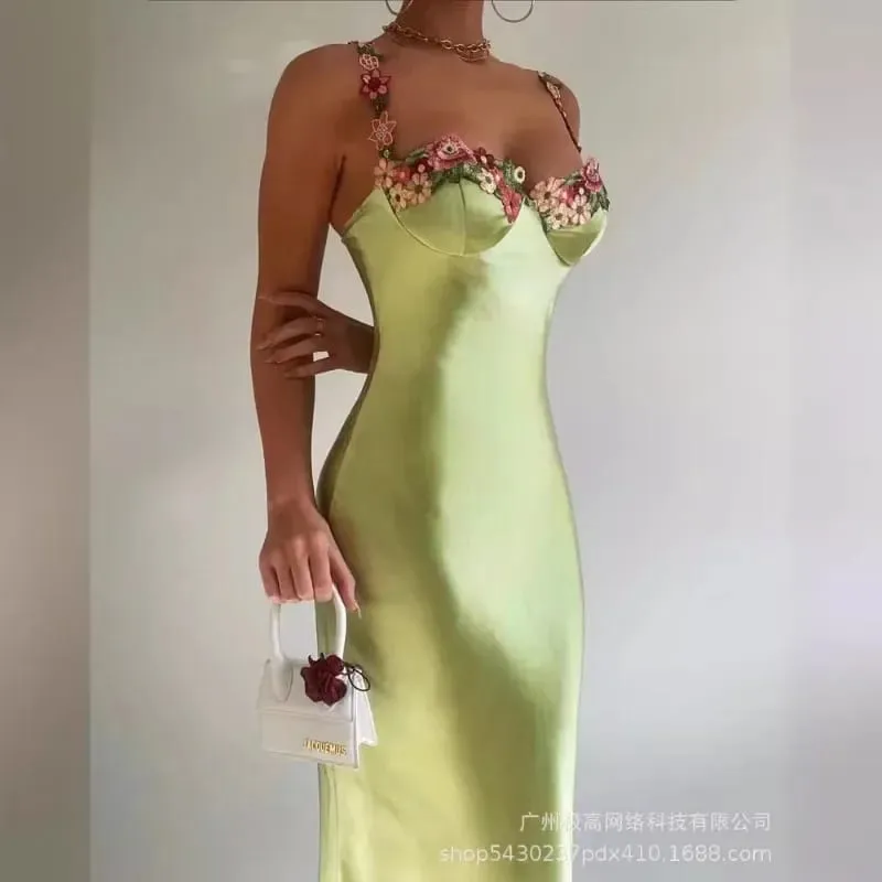 2024 Spring Summer New Women's Clothing Solid Color Embroidered Stitching Satin Sling Slim Dress — image 1