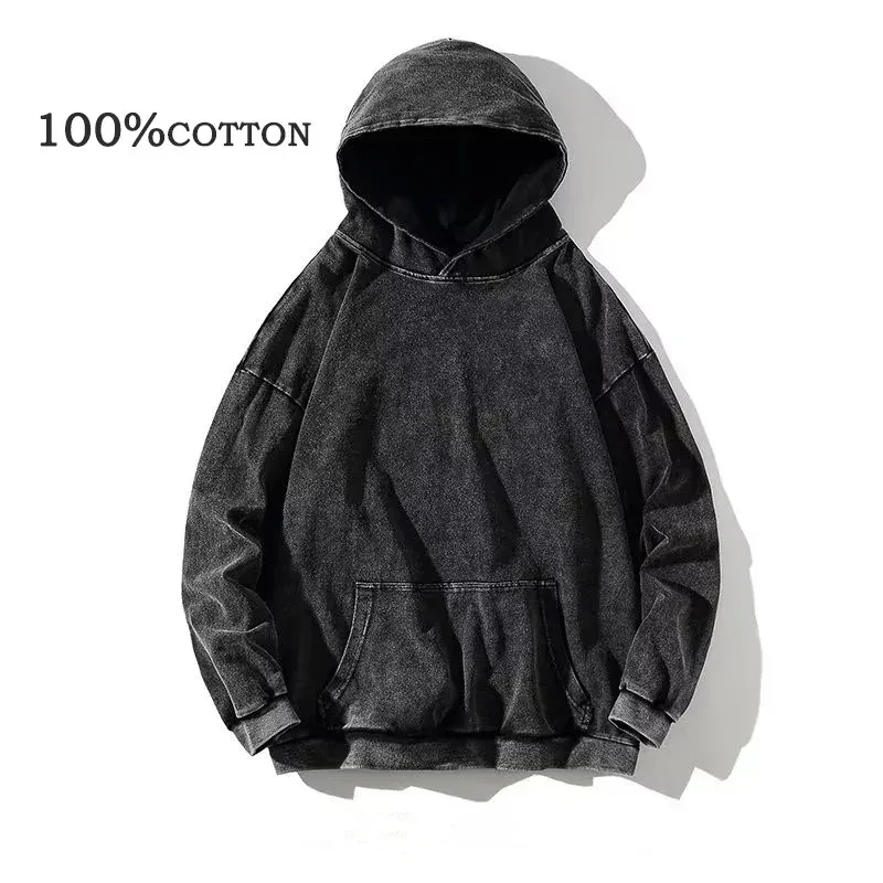 HAI Customizable Retro Washed Hoodies 100% Cotton Tops Black Acid Vintage Hooded Sweatshirts Oversize Hip Hop Male Pullover — image 9