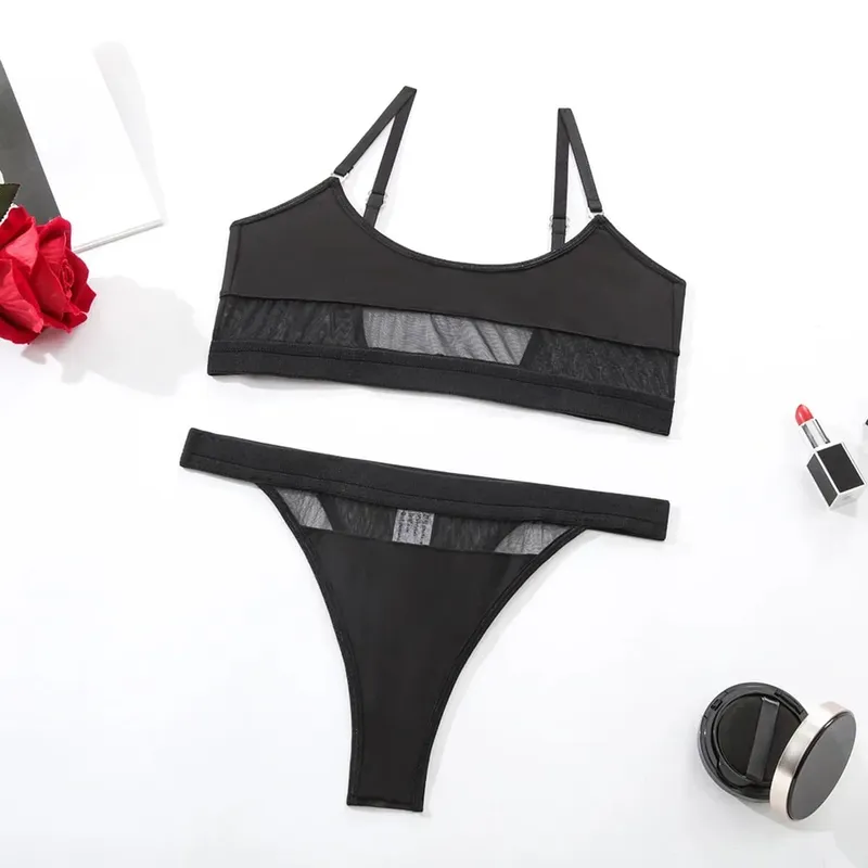 Women Sexy lingerie Set Patchwork Seethrough Mesh Nightwear Sleep Thongs Underwear Valentine's Sets Gathered Pajamas