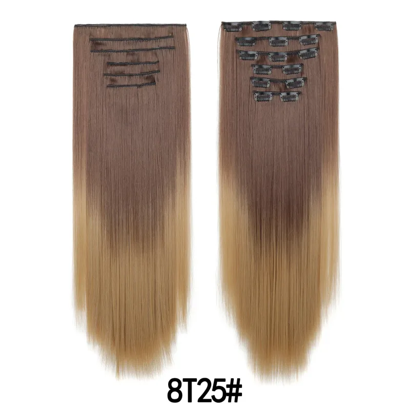 6 ks 24palcových Ombre Color Clip-in prodloužení vlasů Dlouhé syntetické rovné příčesky Vrstvené měkké neviditelné Clip In prodloužení — image 13