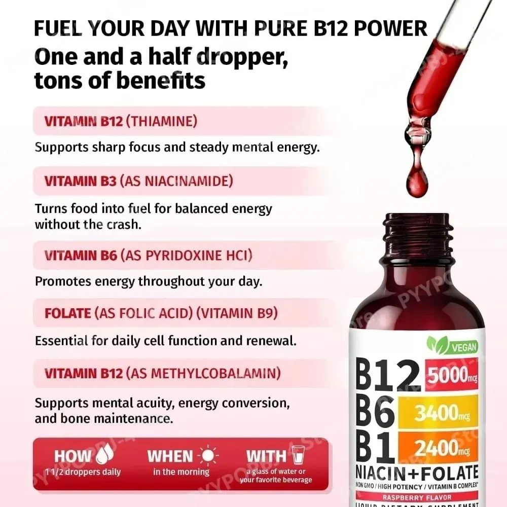 Vitamin B12 B6 tekuté kapky 60 ml B komplex s B1 Niacin Folate Malina Veganský denní wellness doplněk 40 porcí Dospělí — image 4