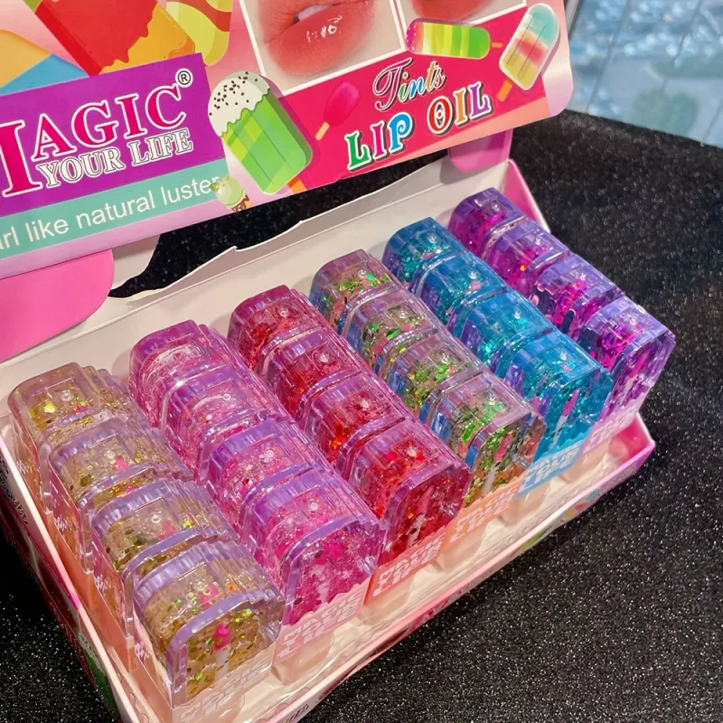 24pcs Cute Ice Cream Sequin Lip Gloss Colorchanged Lip Gloss Girls Kawaii Natural Moisturizing Lips Makeup Party Gifts — image 2