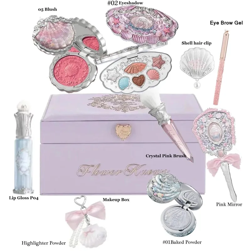 Flowerknows Shell Jewelry Gift Set Makeup Kit Full Professional Lip Gloss Highlighter Blush Baked Powder 10pcs Kits — image 8