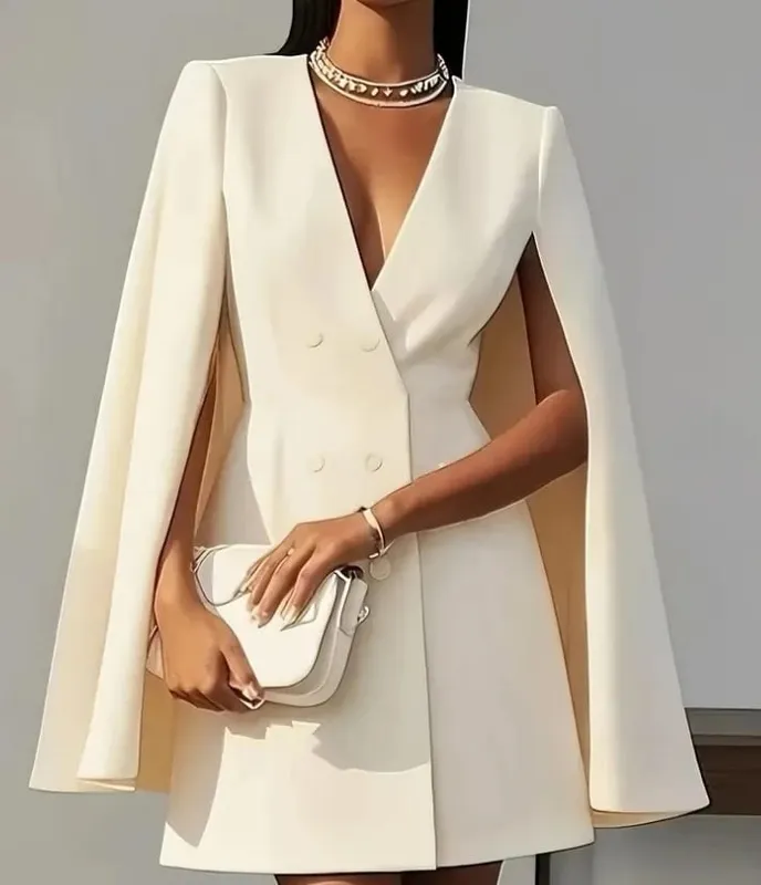 Womens Dresses 2025 Spring Autumn New Commuting Double Breasted Shawl Cape Solid Color V-Neck Mini Dress Women's Clothing — image 2